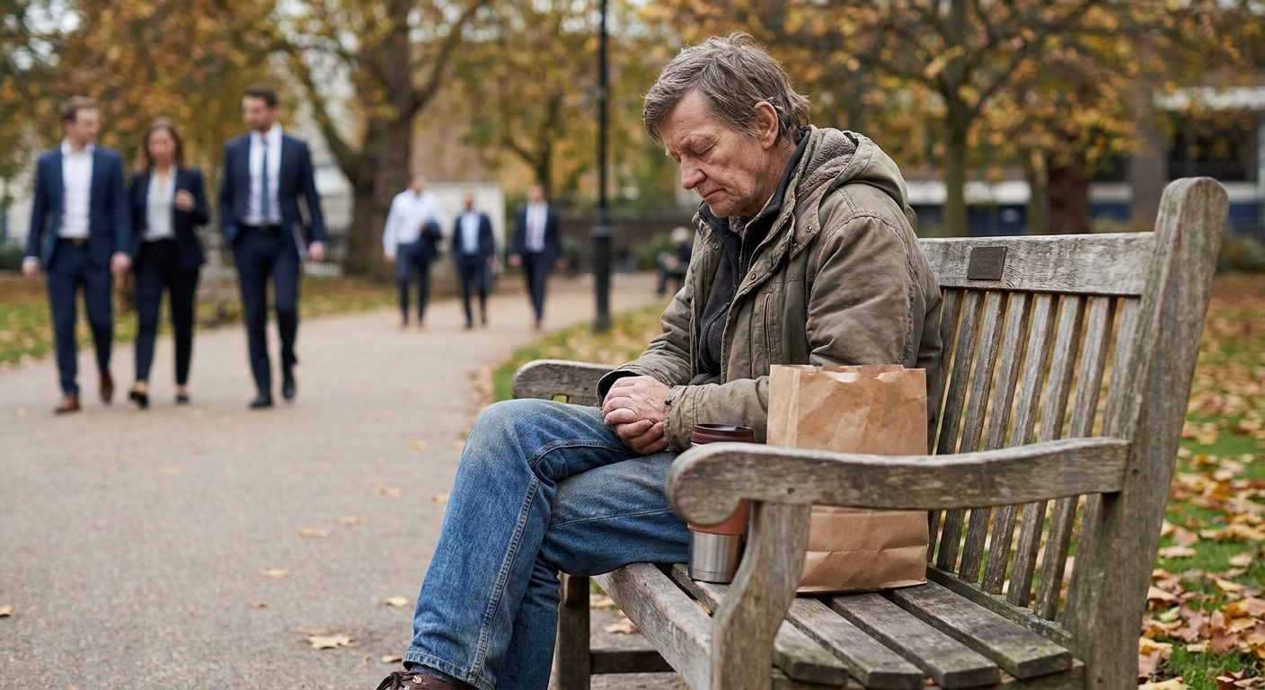 A person sitting alone on a park bench during a lunch break, hands resting on their lap, eyes lowered in a brief prayerful pause