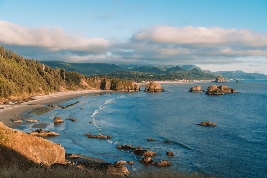 A person sitting alone on a windswept Oregon coastal overlook, holding an open journal on their lap, looking out toward the gray ocean in quiet reflection