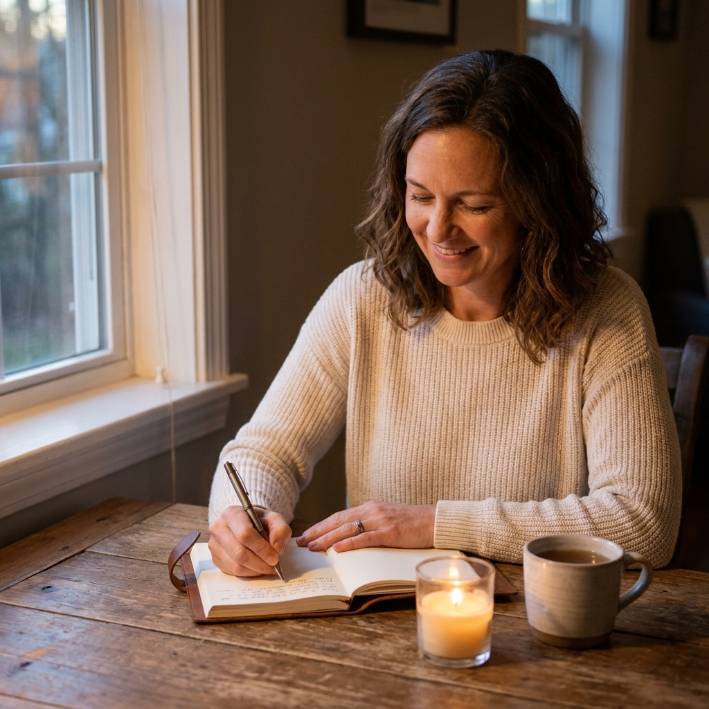 A person sitting at a wooden table journaling beside a small candle and a mug of tea, evening light filtering through a window
