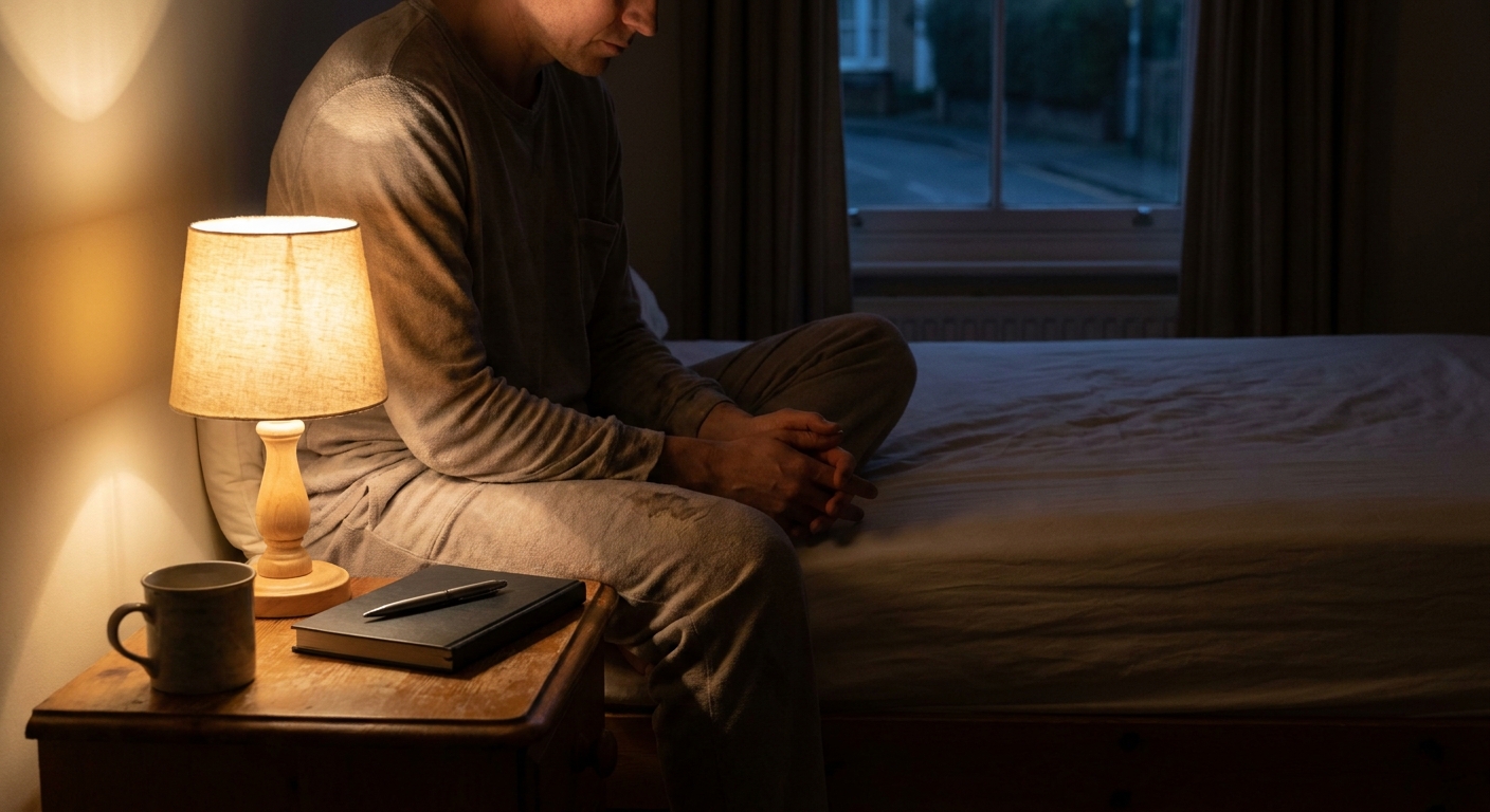 A person sitting by a bedside lamp with hands clasped, a closed notebook and pen on the nightstand, quiet nighttime atmosphere