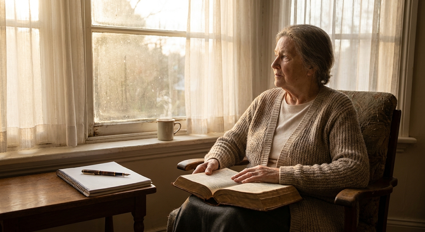 A person sitting by a window with soft morning light, holding an open sacred book on their lap with a notebook and pen nearby
