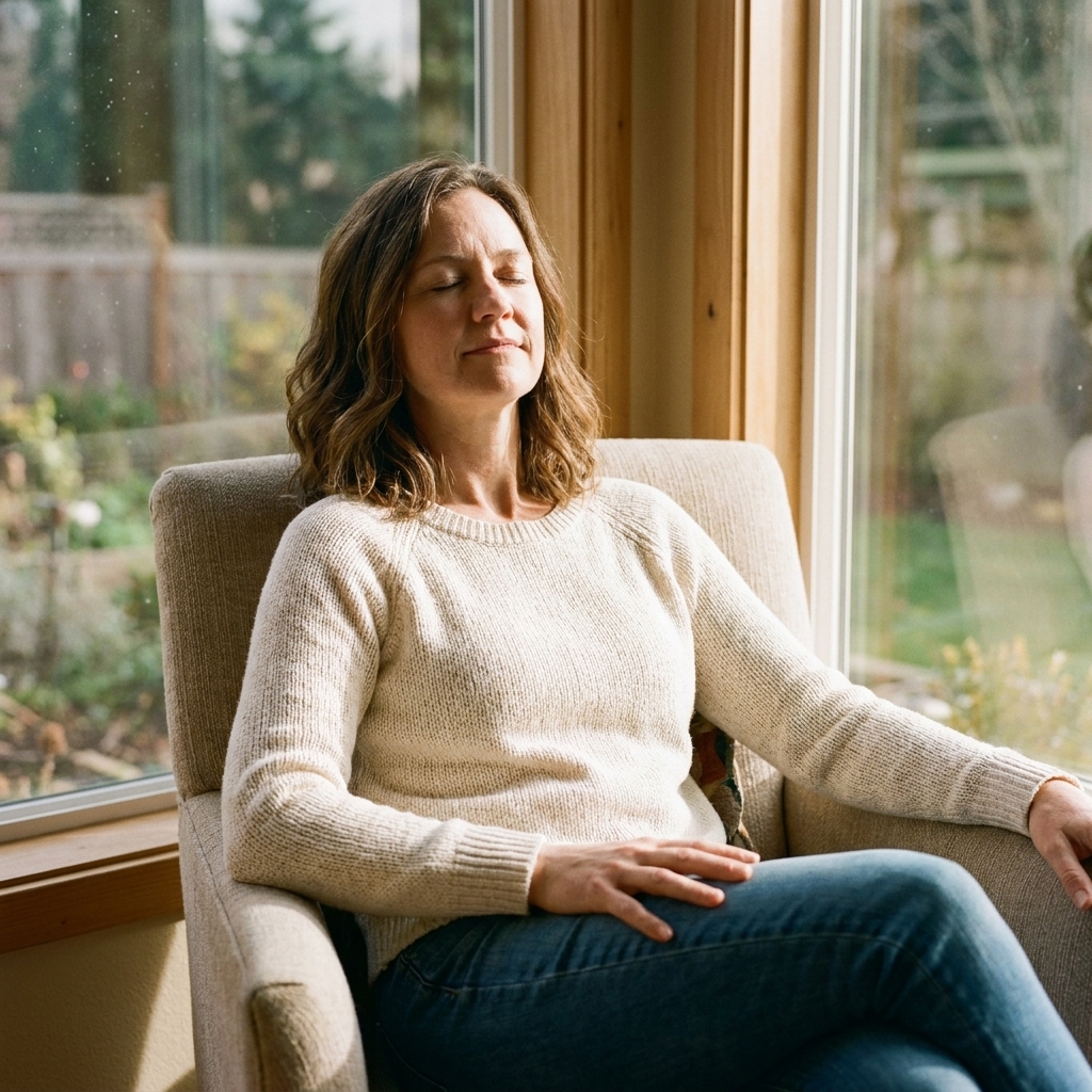 A person sitting comfortably on a chair near a window, eyes softly closed, hands resting on thighs, with afternoon light coming in