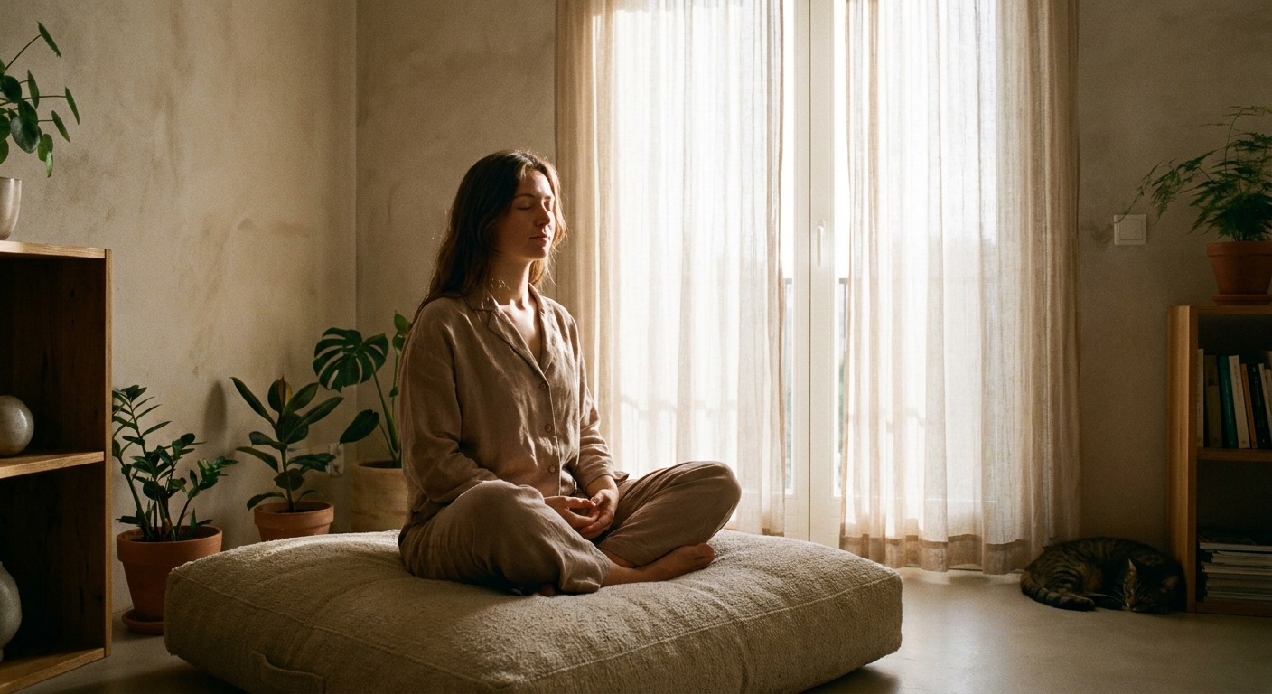 A person sitting comfortably on a cushion near a window with soft morning light, hands resting on their lap, in a simple quiet room