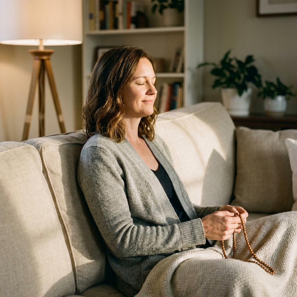 A person sitting comfortably on a sofa with eyes closed, shoulders relaxed, practicing mantra meditation in a softly lit home setting