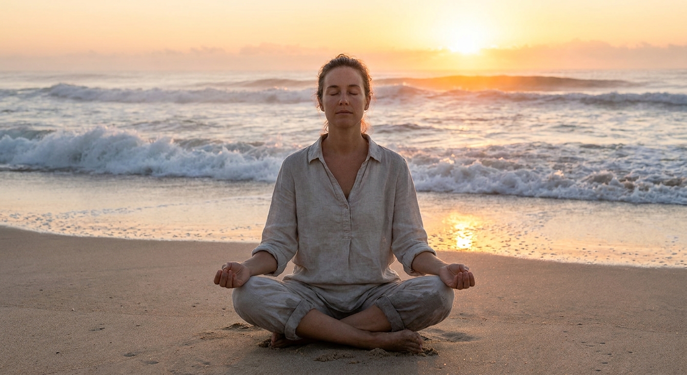 A person sitting cross-legged on a sandy beach at sunrise, eyes closed in meditation, gentle ocean waves rolling in behind them