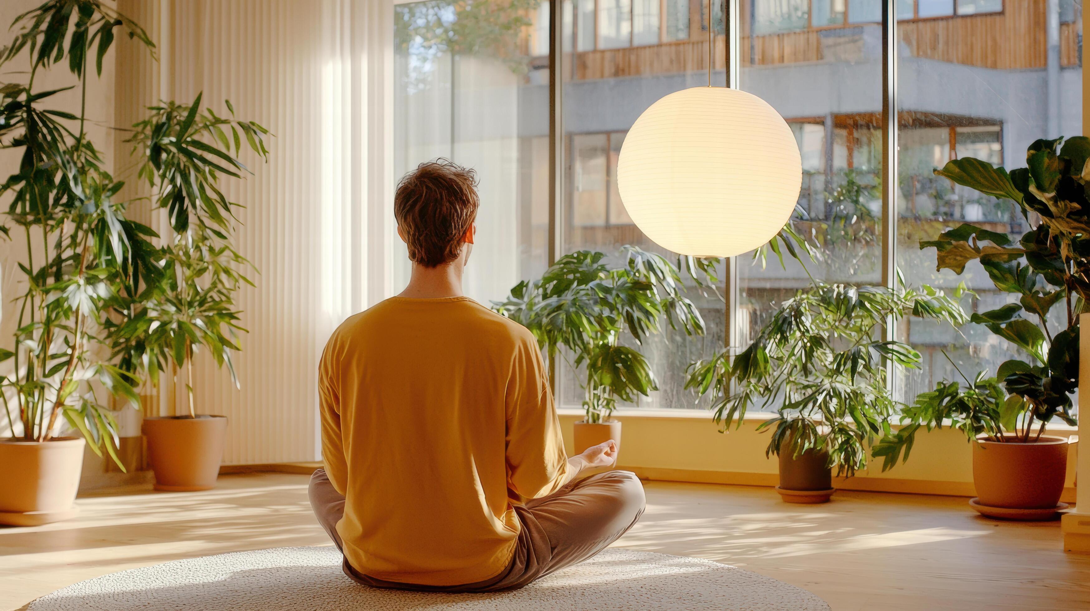 A person sitting cross-legged on a simple cushion near a window, eyes closed, hands resting on knees, in calm natural light