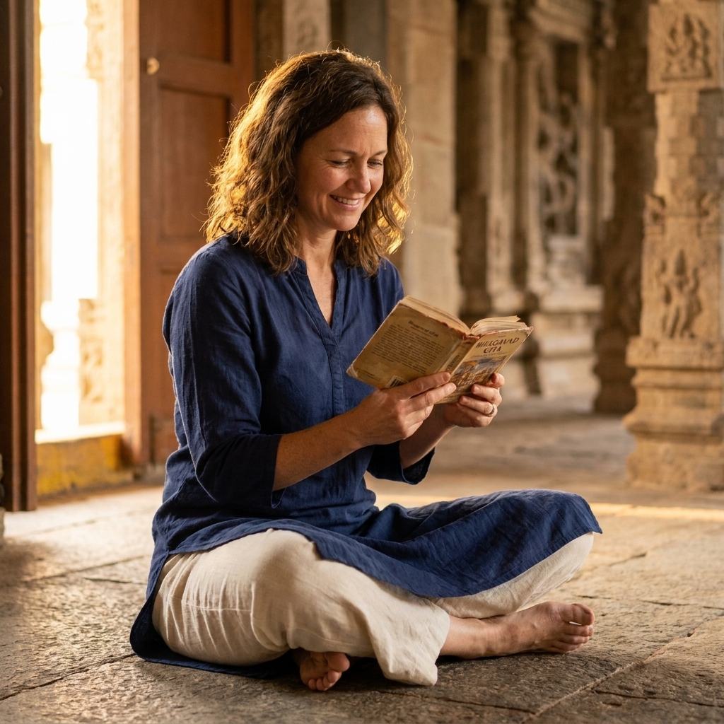 A person sitting cross-legged on a temple floor reading a small copy of the Bhagavad Gita, warm daylight filtering in from a nearby doorway