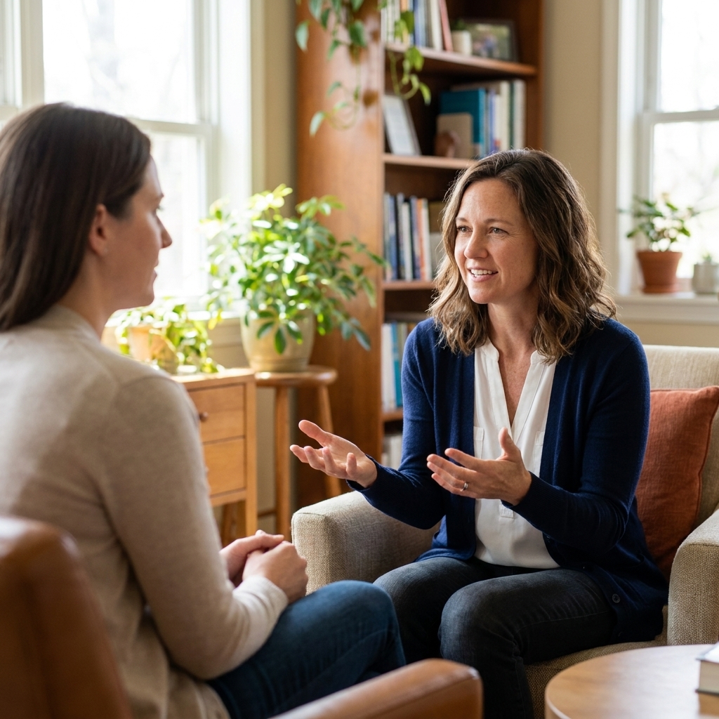 A person sitting in a calm therapist office, talking with a counselor in a supportive setting with soft daylight