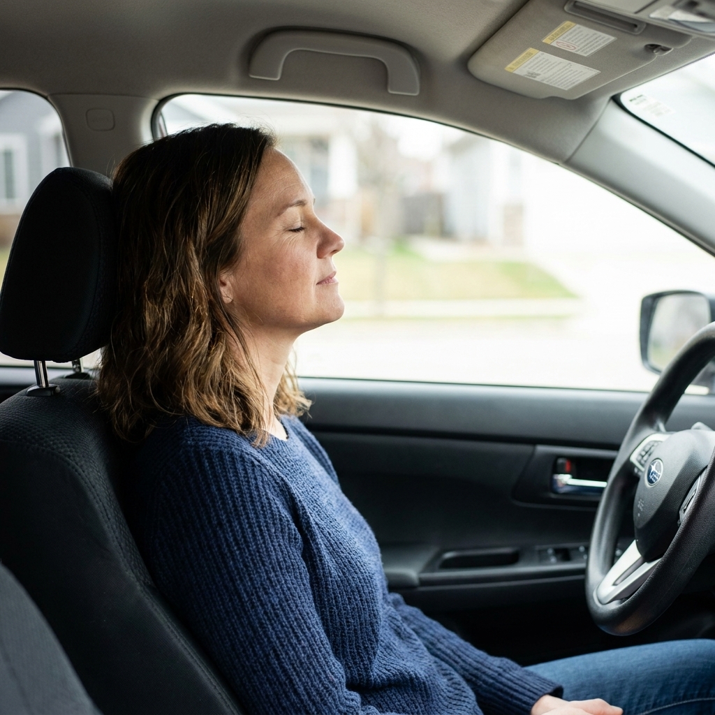A person sitting in a parked car with eyes closed and shoulders relaxed, taking a quiet moment before driving