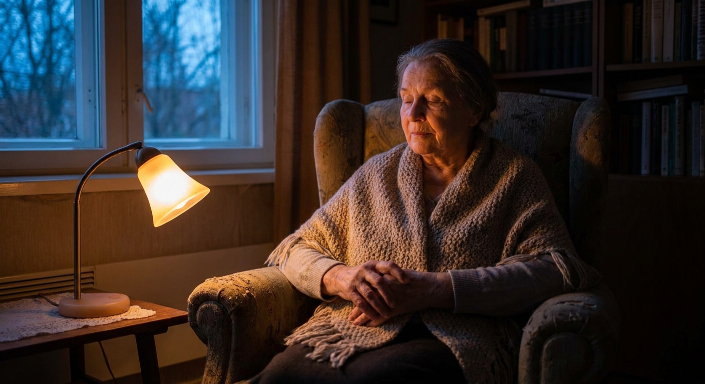 A person sitting in a quiet room with a small lamp glowing, eyes closed and hands loosely clasped in an evening moment of prayer and reflection