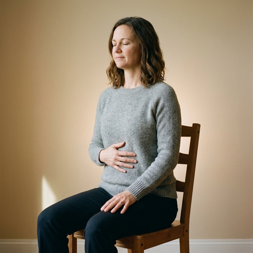 A person sitting on a simple chair with feet flat on the floor, spine tall, shoulders relaxed, and one hand resting on the belly to feel the breath