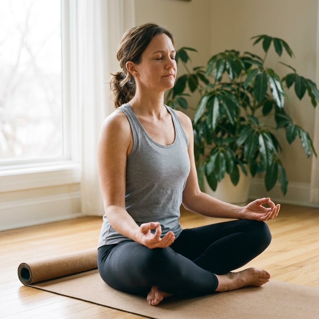 A person sitting on a yoga mat near a window, hands resting on knees, eyes closed while practicing slow breathing
