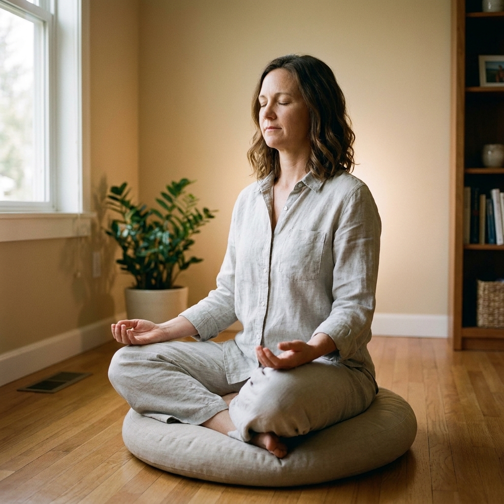 A person sitting upright in meditation on a simple cushion in a quiet living room, eyes closed, hands resting on knees