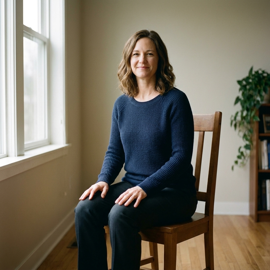 A person sitting upright on a simple wooden chair with feet flat on the floor, hands resting on thighs, in a quiet room with soft natural light