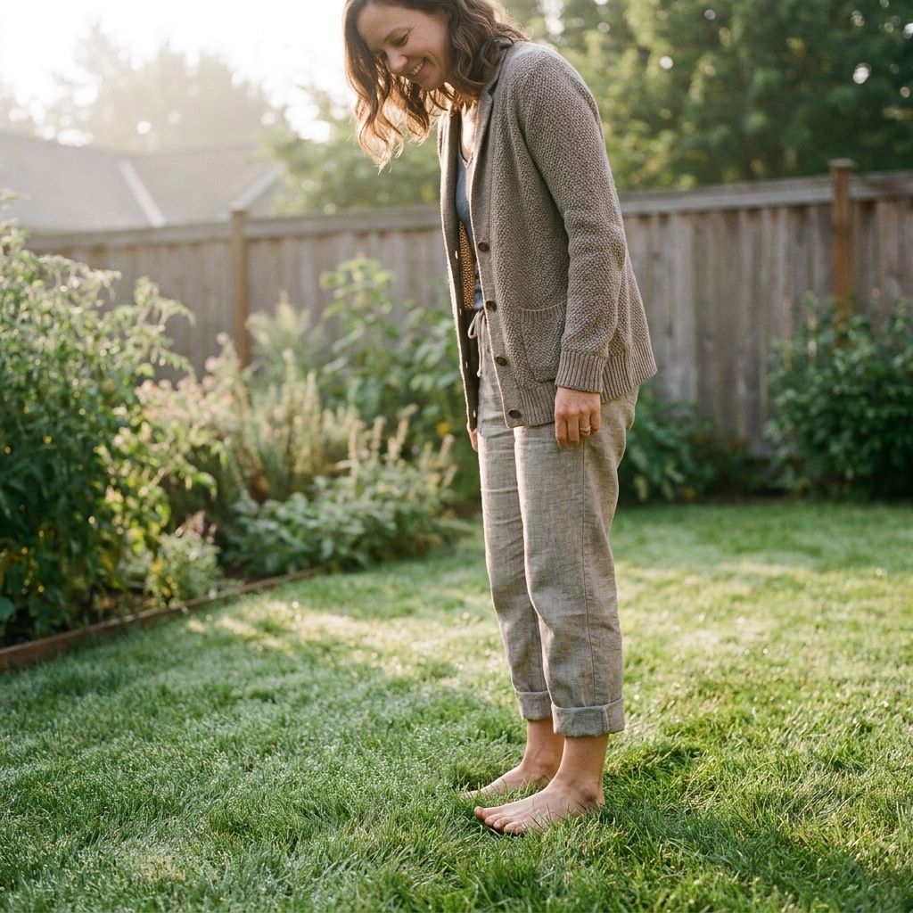 A person standing barefoot in dewy grass in a quiet backyard, toes slightly curled into the ground