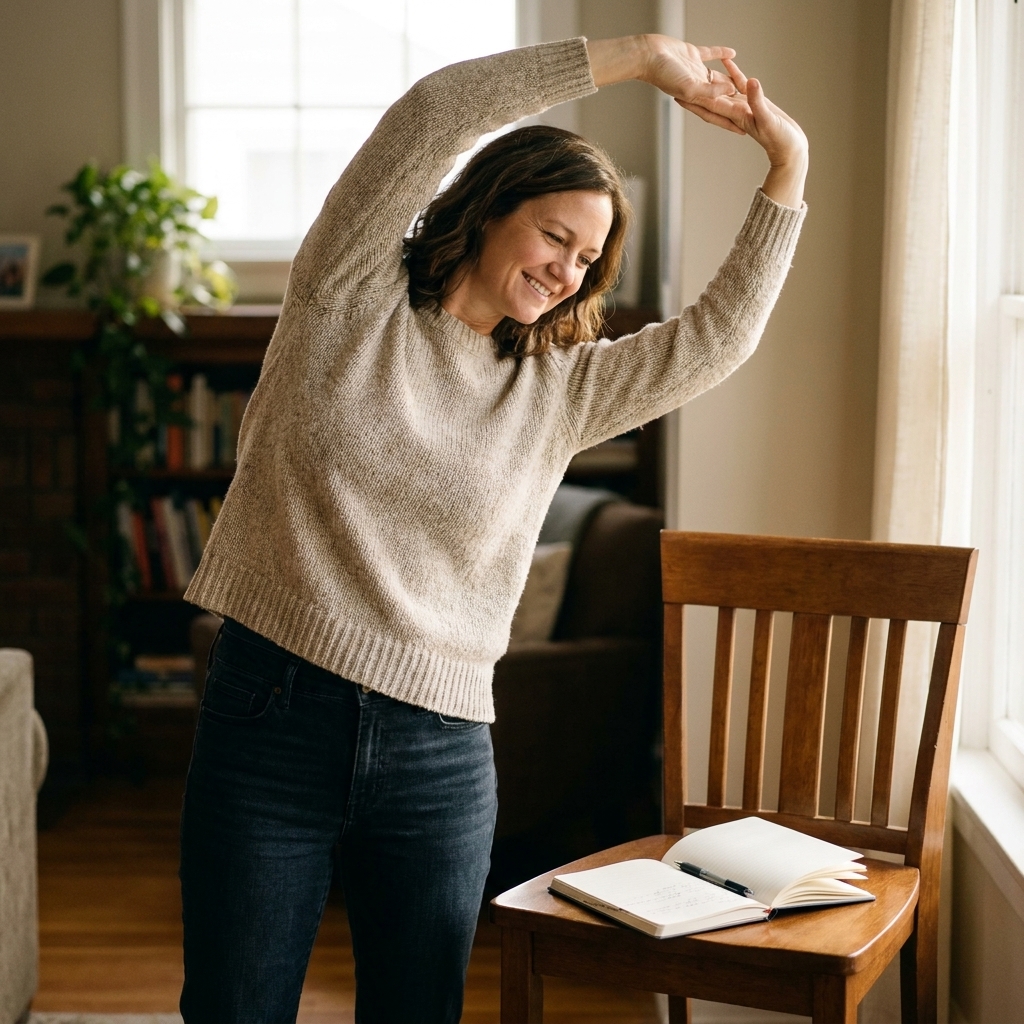A person standing beside a chair in a softly lit room, gently stretching their arms after writing in a notebook