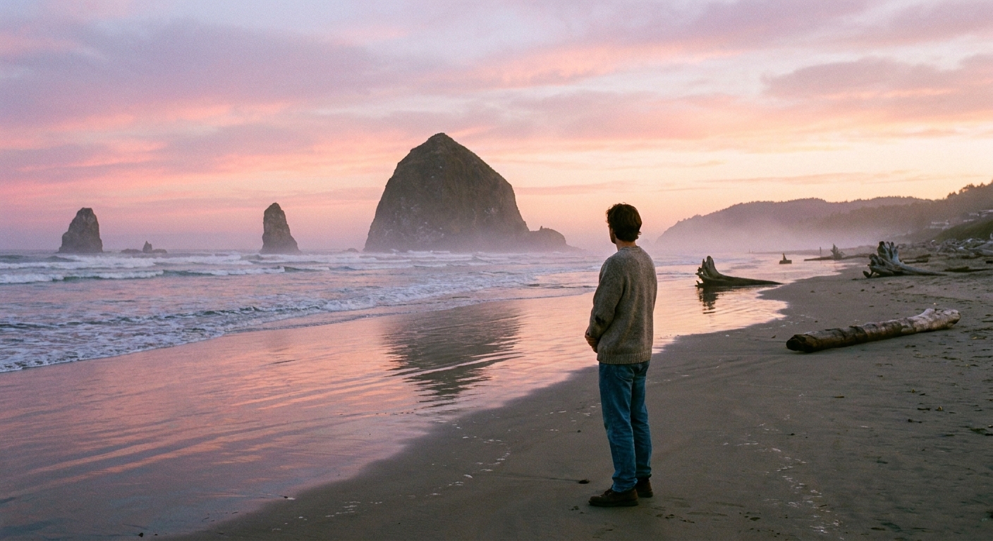 A person standing on a quiet Oregon beach at sunrise with hands folded, looking toward the horizon as gentle waves roll in