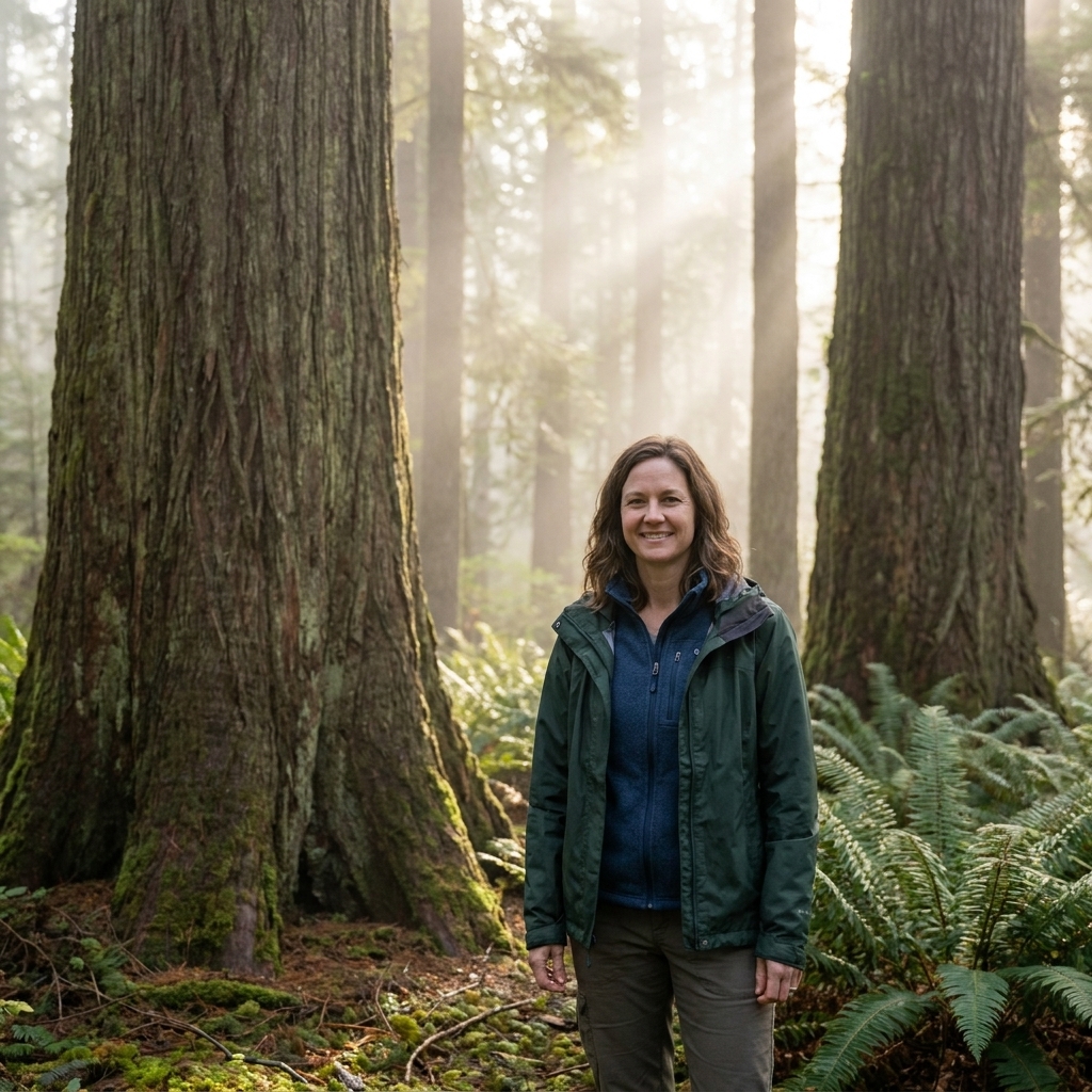 A person standing quietly among towering old-growth trees in a misty Pacific Northwest forest with ferns and soft morning light