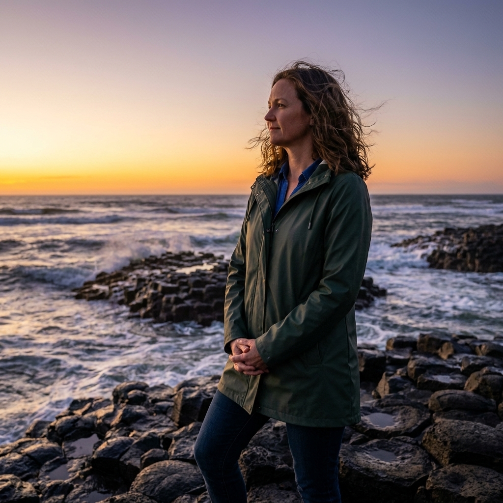 A person standing quietly on a rocky Oregon coastline at sunset with hands clasped, waves rolling in and soft golden light on the horizon