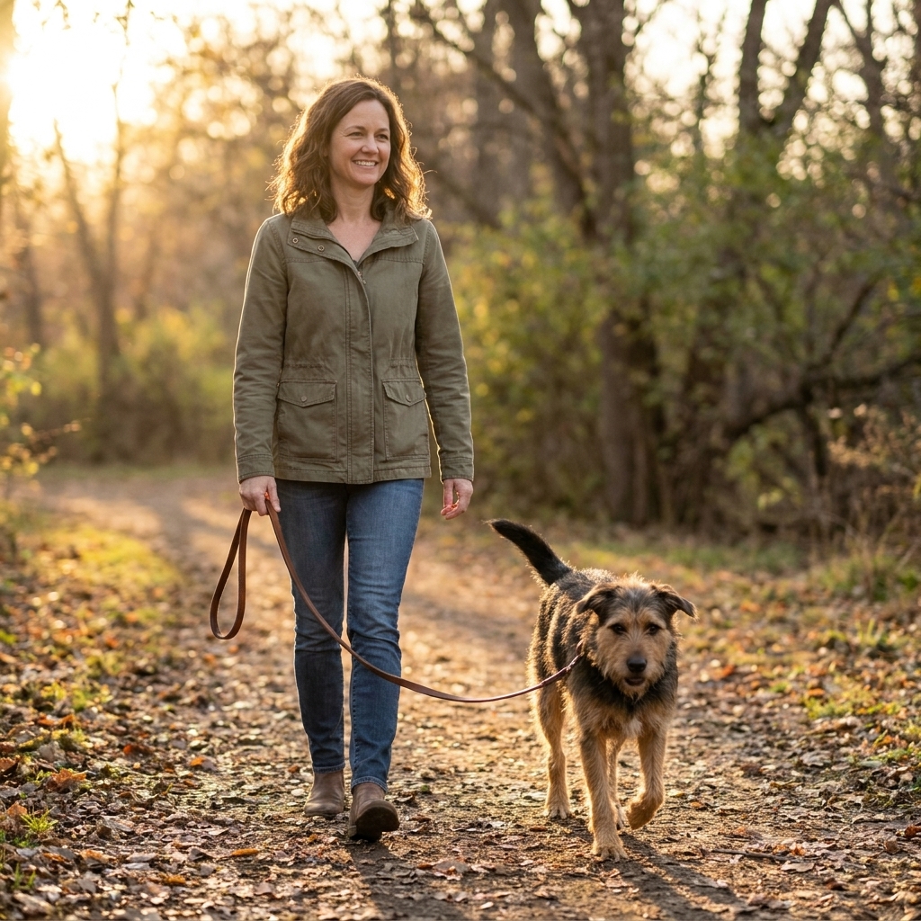 A person walking a rescue dog on a quiet park path in the late afternoon, holding a leash loosely while looking ahead calmly