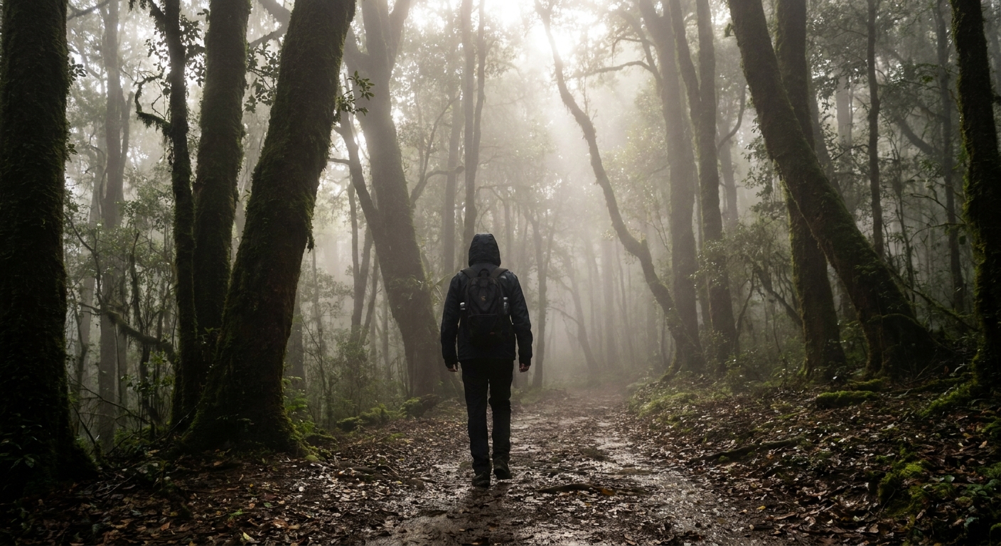 A person walking alone on a damp forest trail in the early morning, tall trees and soft mist suggesting quiet contemplation