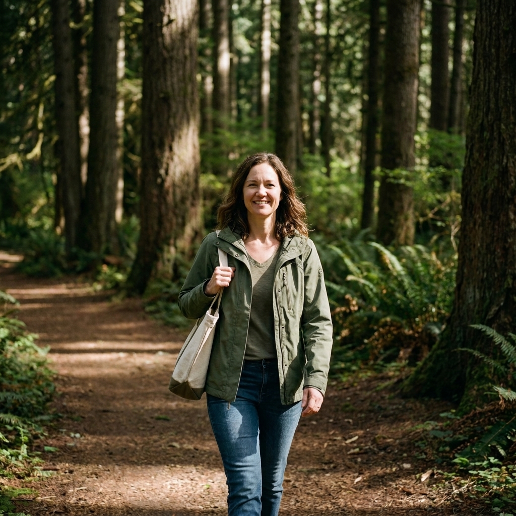 A person walking alone on a quiet forest trail with tall trees and filtered sunlight