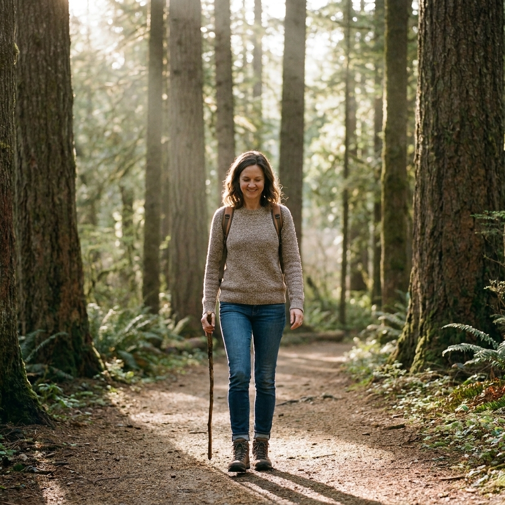 A person walking alone on a quiet forest trail with tall trees and soft morning light, suggesting reflection and calm