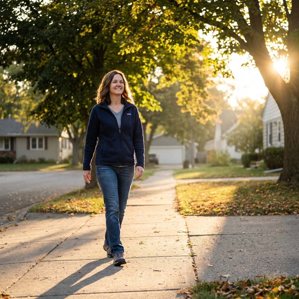 A person walking on a quiet neighborhood sidewalk at sunrise, long shadows on the pavement and warm light on trees