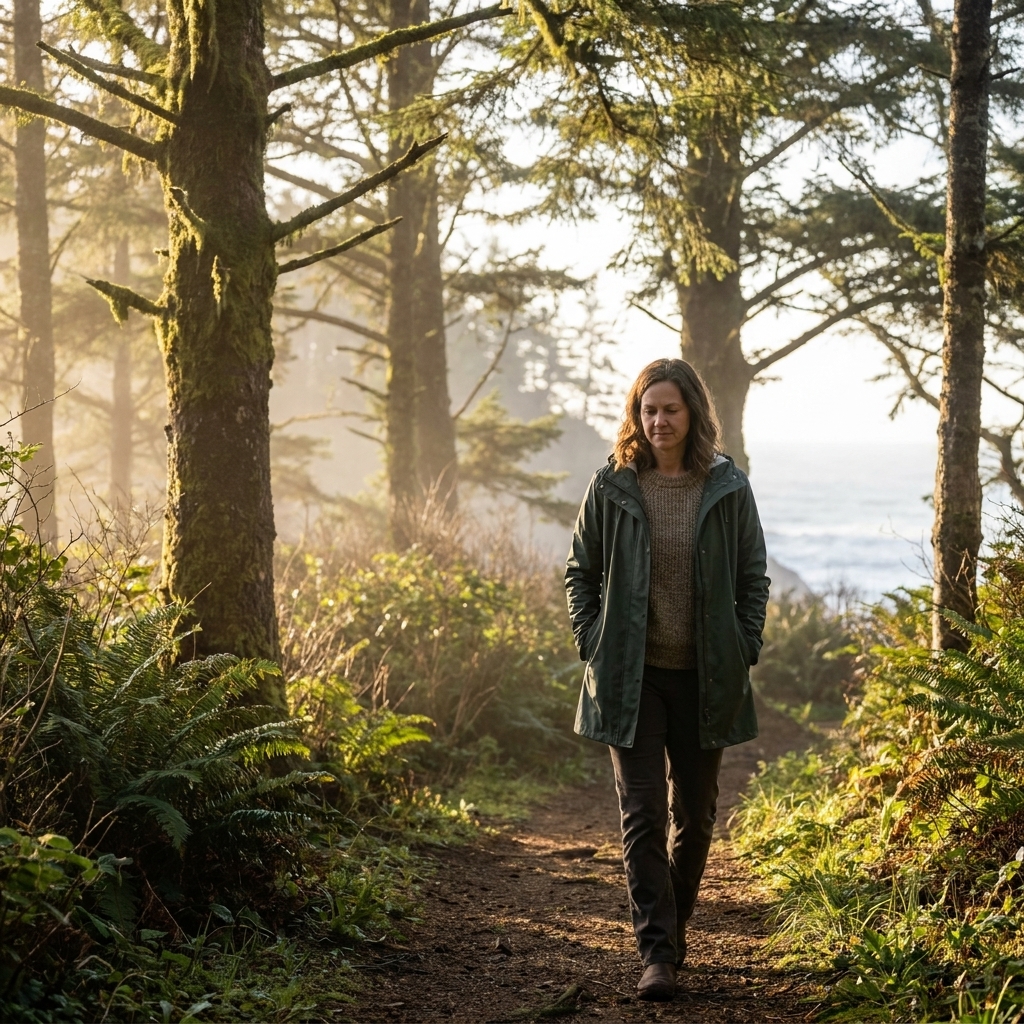 A person walking slowly on a coastal forest path in Oregon, hands in pockets, with soft morning light filtering through trees