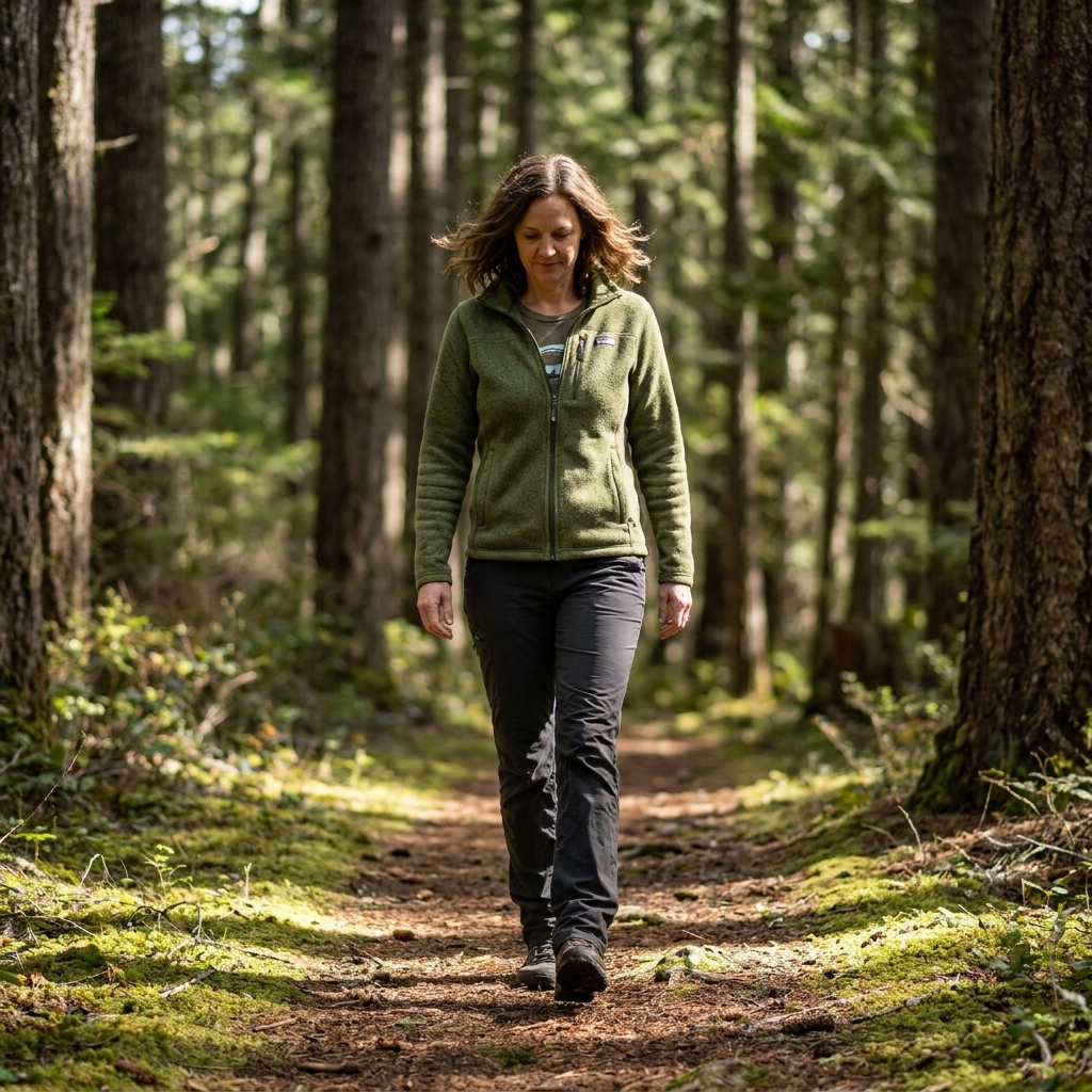 A person walking slowly on a soft forest trail with dappled sunlight filtering through tall trees, focusing attention downward toward their steps