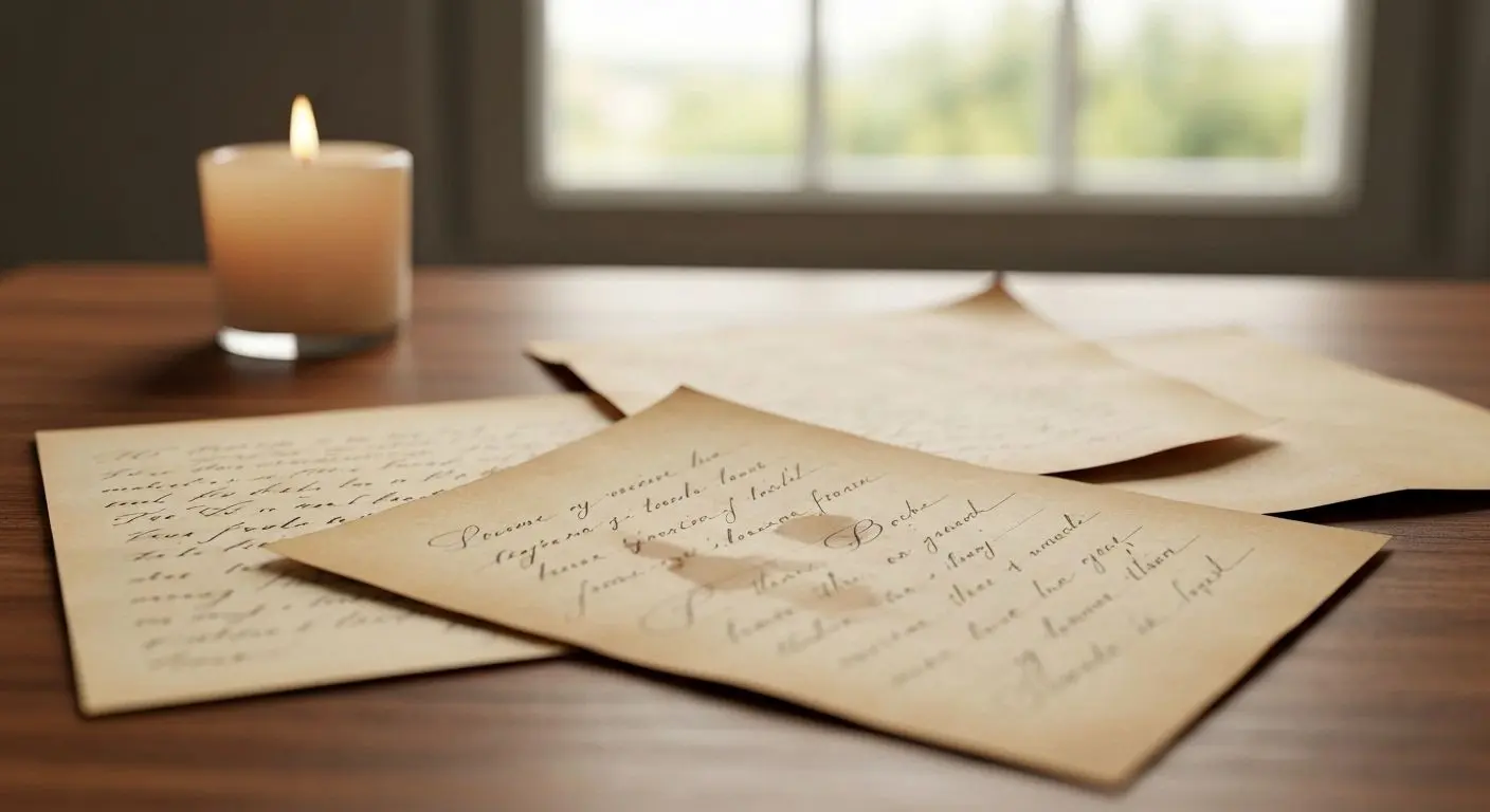 A person writing in a notebook beside a small candle and a mug of tea at a wooden table in soft evening light