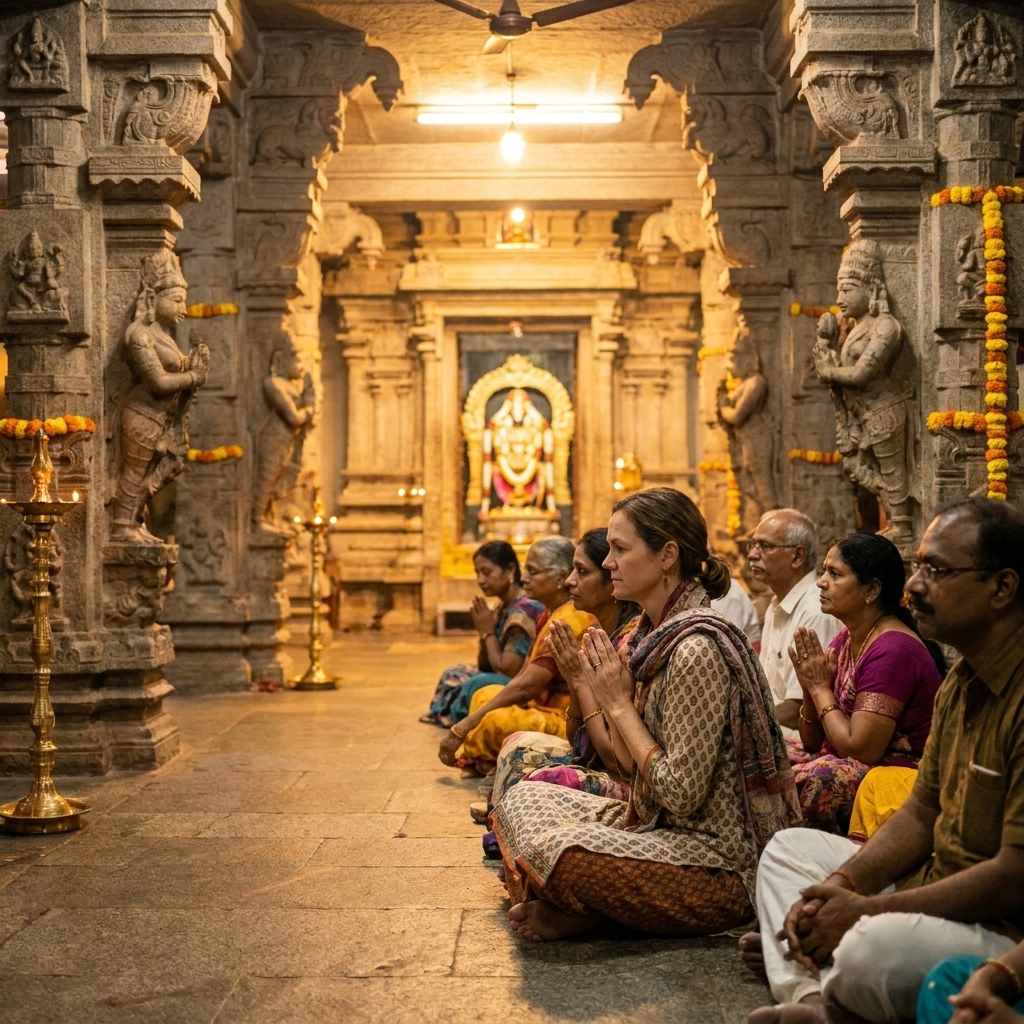 A photograph inside a Hindu temple hall showing devotees seated on the floor in neat rows facing the shrine area, with ornate pillars and warm ambient lighting