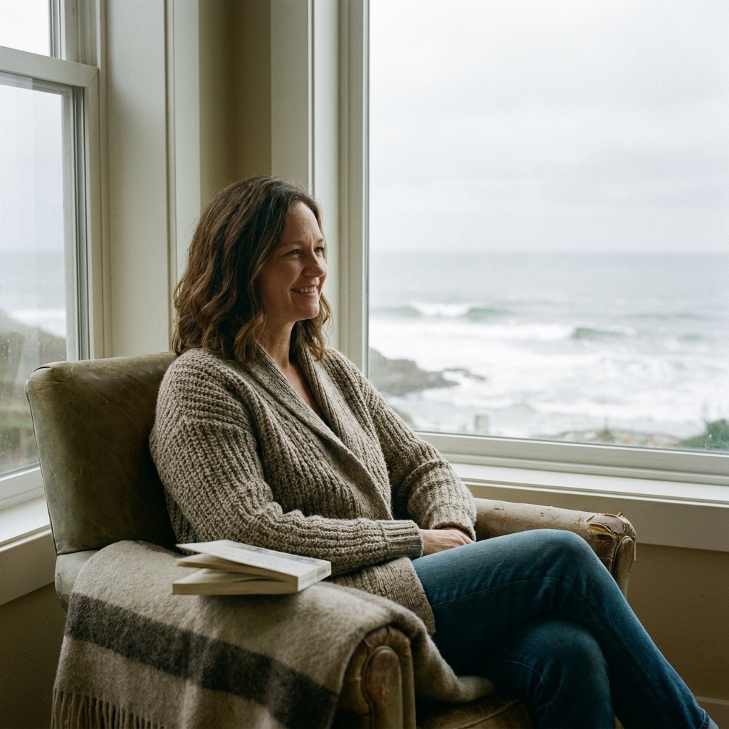 A photograph of a cozy reading chair near a window overlooking a cloudy ocean coastline, with a blanket and a book resting on the arm