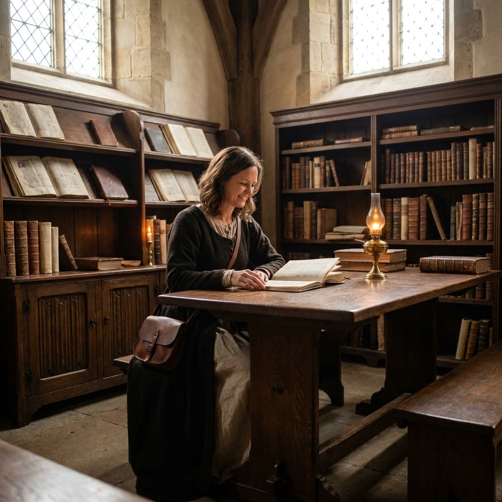 A photograph of a medieval-style monastery library interior with tall wooden shelves, a long table, and warm ambient light