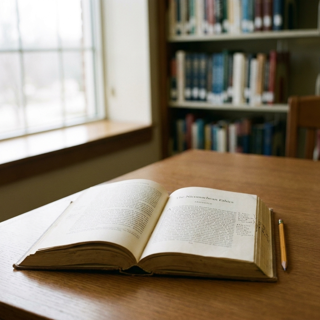 A photograph of a quiet library table with an open edition of a philosophy text, soft daylight coming through a window, and a pencil resting in the margin