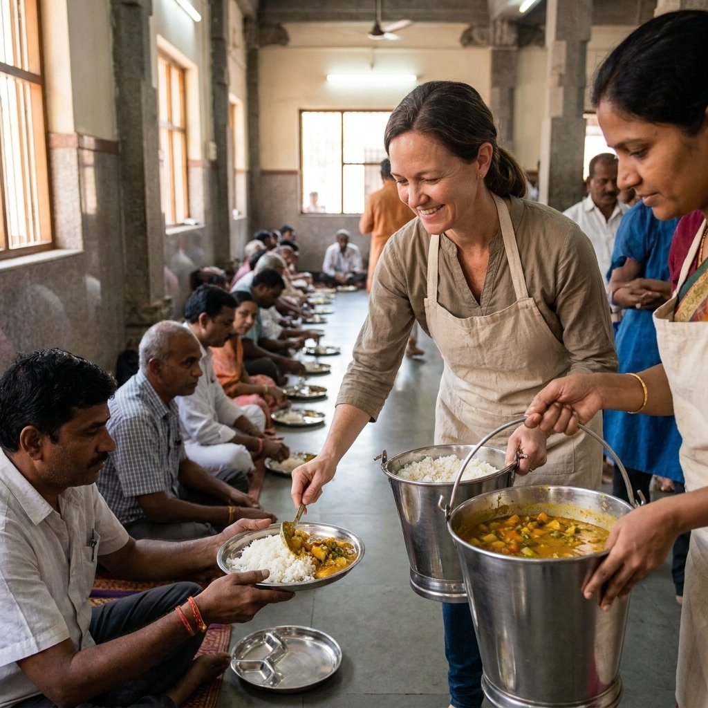 A photograph of volunteers serving a vegetarian meal on stainless steel plates in a temple dining hall, with visitors seated in rows