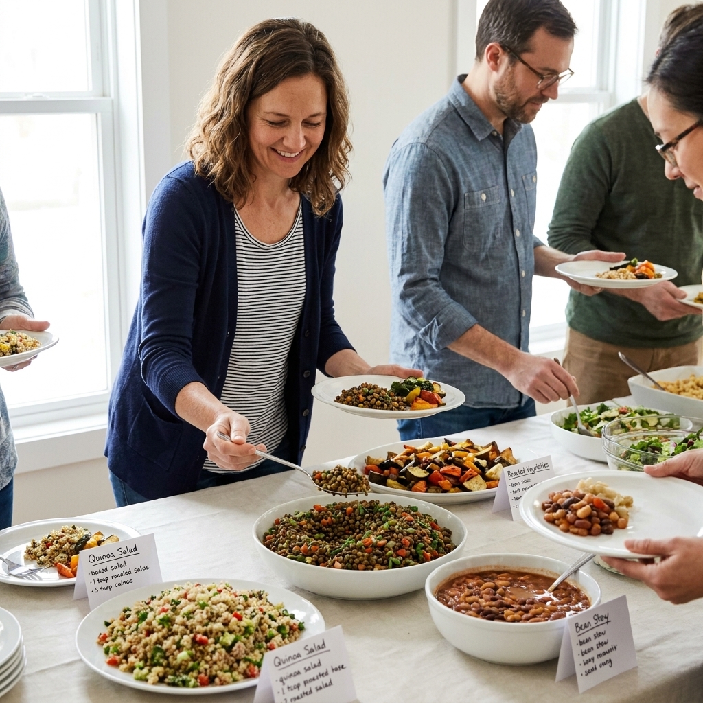 A potluck table at a community gathering with simple vegetarian dishes and small ingredient cards, people serving themselves respectfully