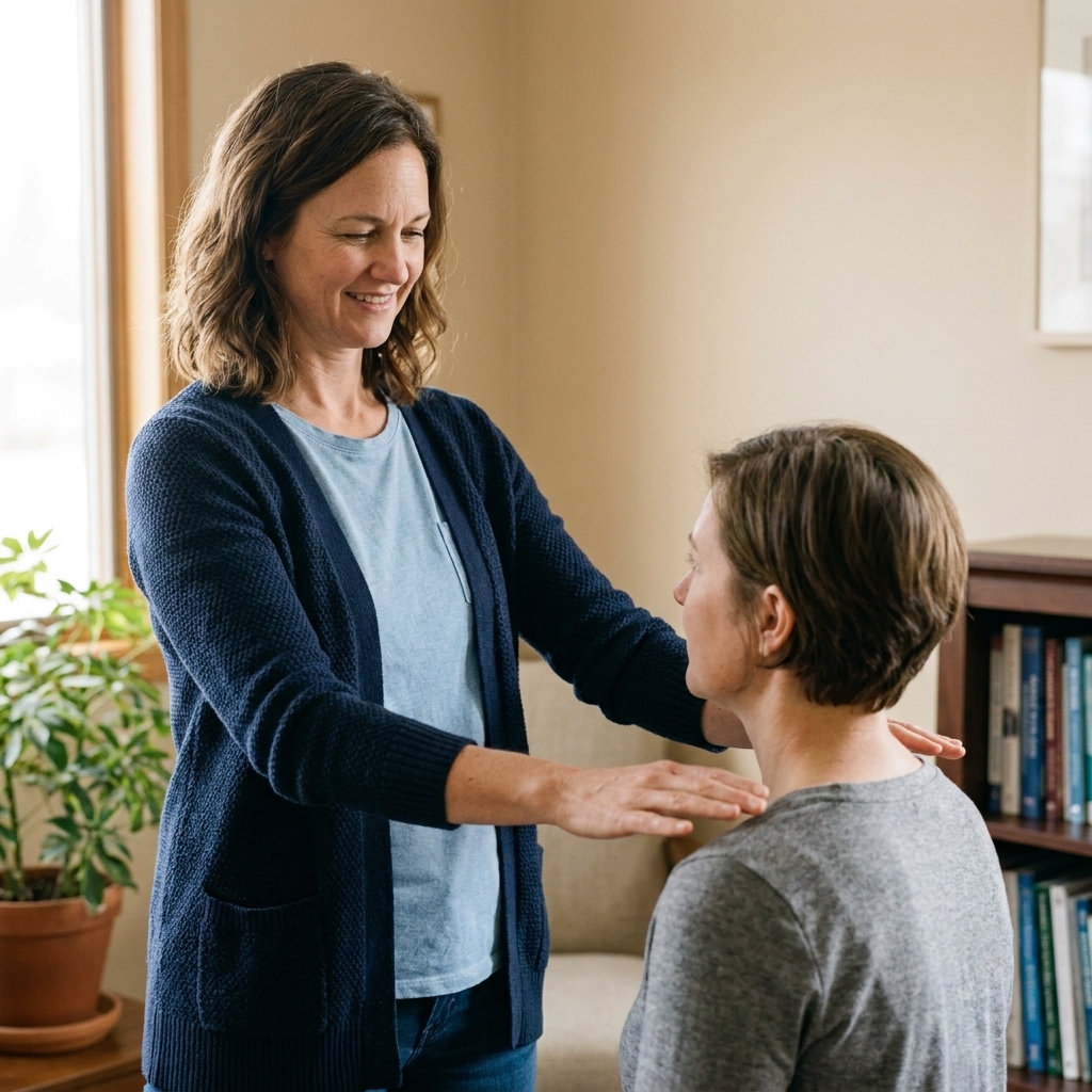 A practitioner standing beside a seated client, gently moving their hands a few inches from the client’s shoulders in a calm therapy room