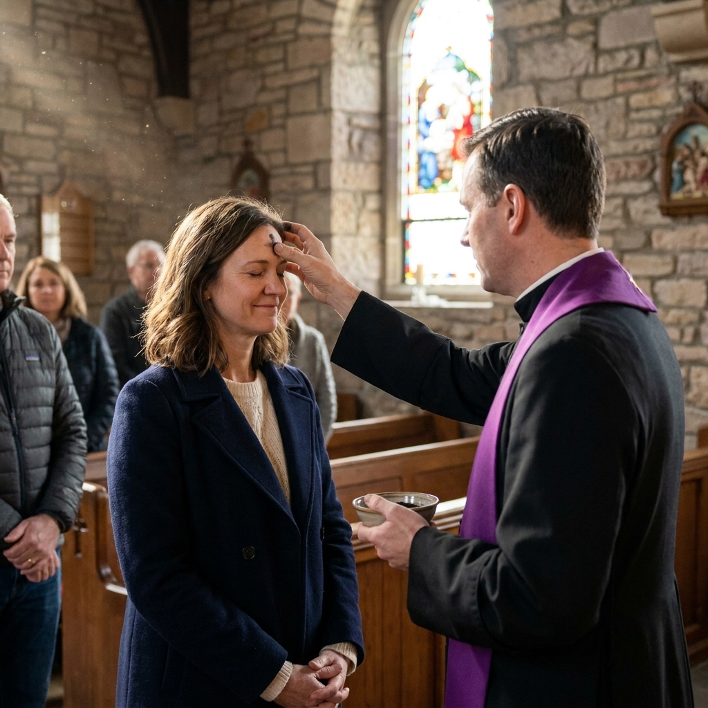 A priest placing ashes on a congregant's forehead during an Ash Wednesday service inside a small church