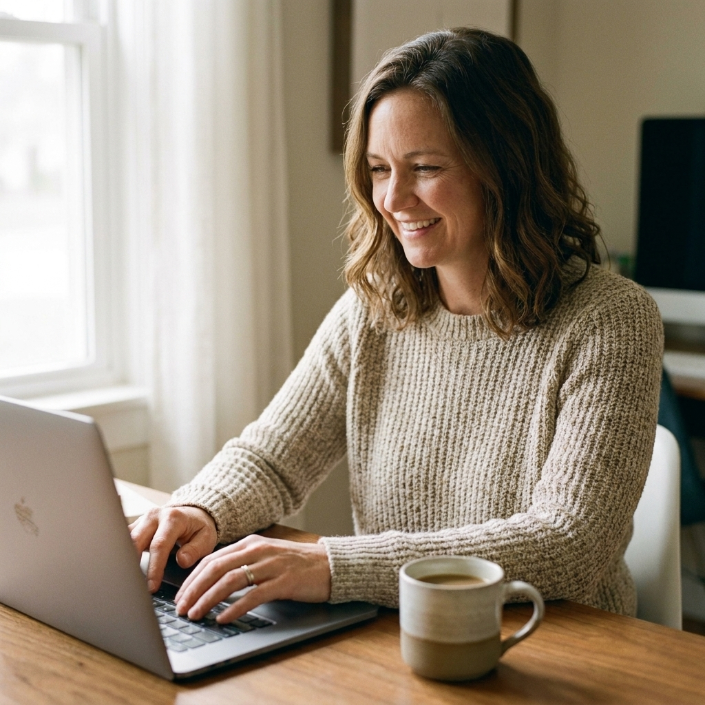 A professional typing an email on a laptop with a relaxed posture, a mug nearby, soft natural light