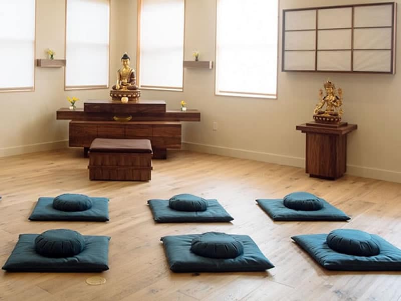 A quiet Zen meditation hall with neatly arranged cushions on wooden flooring, soft daylight entering from the side