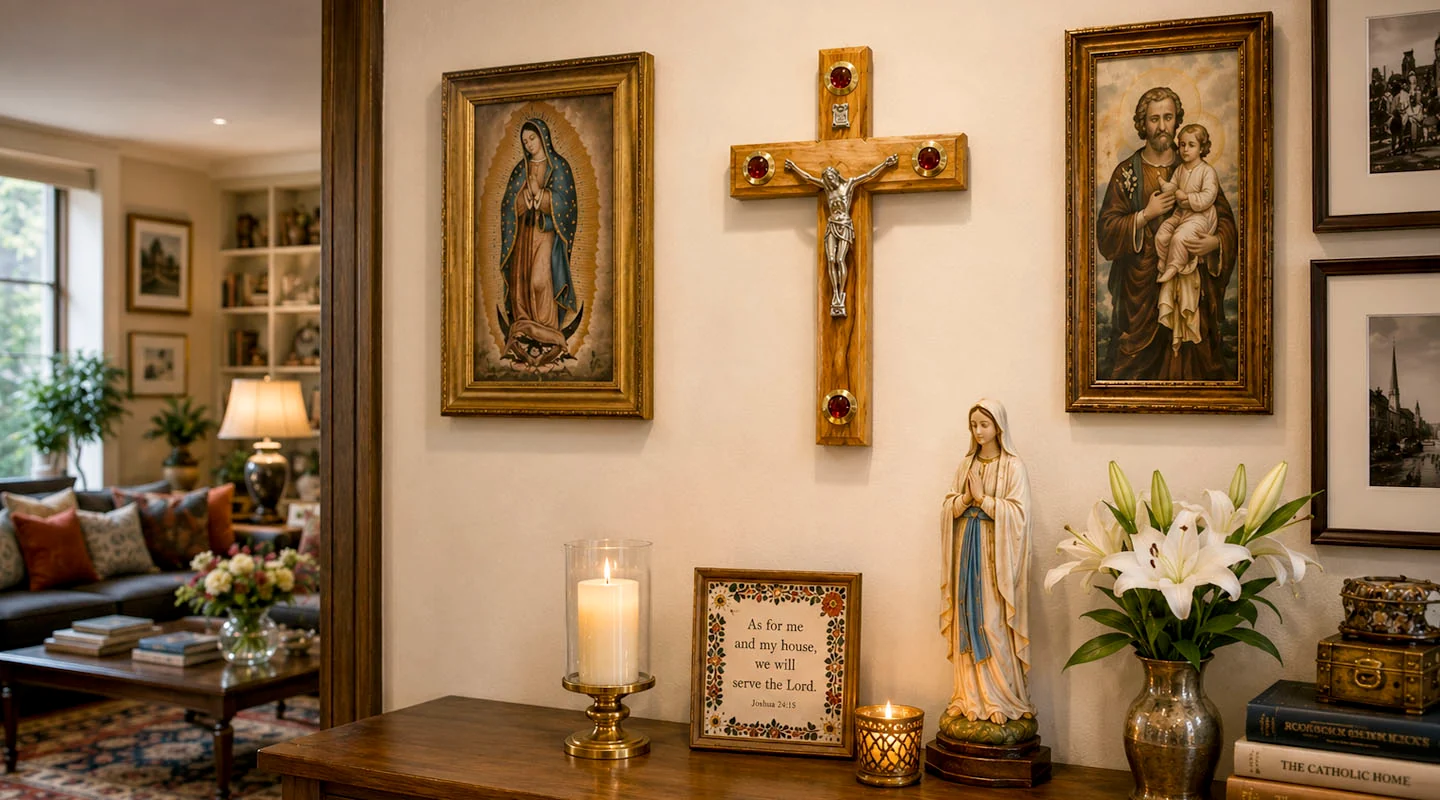A quiet corner of a home with a simple chair, a small table holding a candle and a bowl, and soft natural light creating a peaceful space for prayer