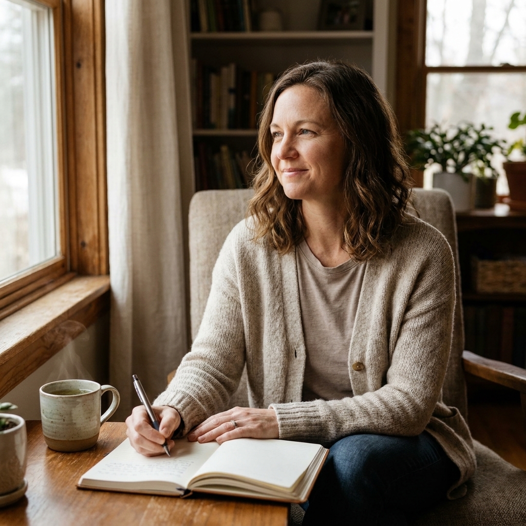 A quiet home reflection space with a journal and pen on a small table beside a window, a mug of tea nearby, soft natural light