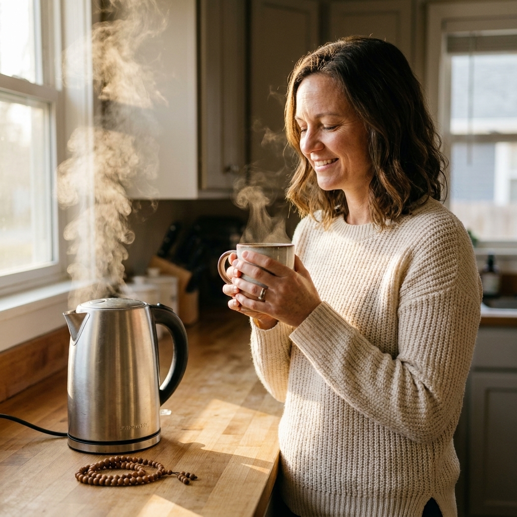 A quiet kitchen counter with a steaming kettle in morning light, suggesting a calm moment for a short chanting practice