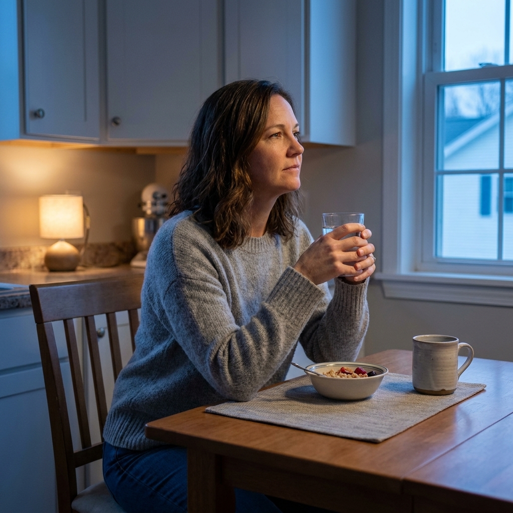 A quiet kitchen scene before sunrise with a small meal set out, a glass of water, and a person seated in reflective stillness