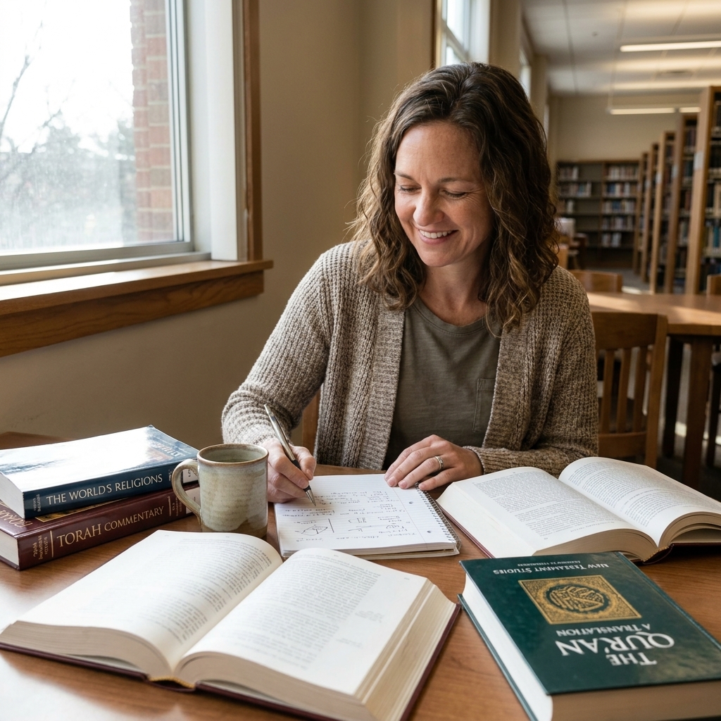A quiet library table with several open religious studies books, a notebook with handwritten notes, and soft window light