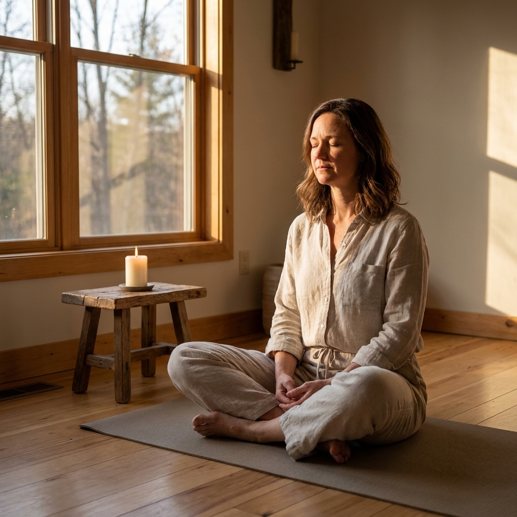 A quiet meditation room with a single candle on a wooden table near a window, late afternoon light spilling across the floor