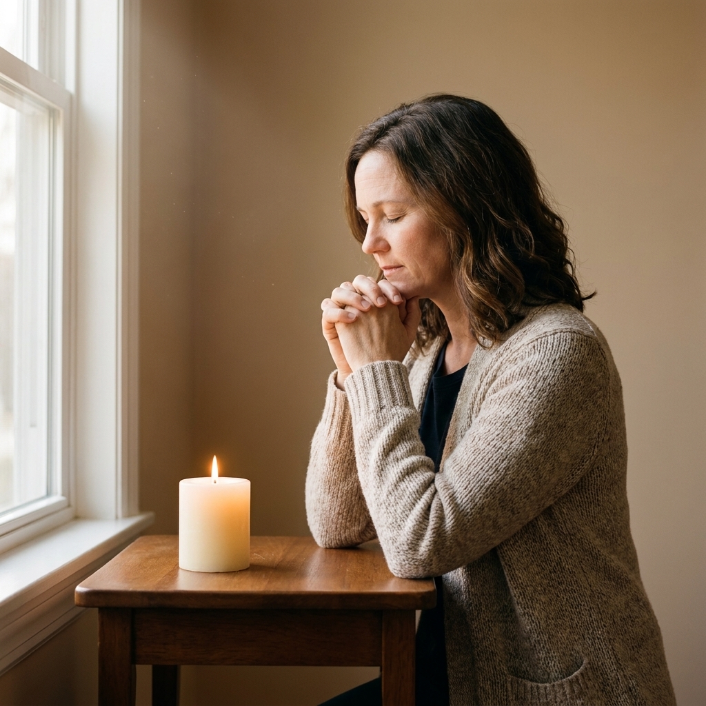 A quiet prayer room with a single lit candle on a simple wooden table and soft morning light filtering through a window