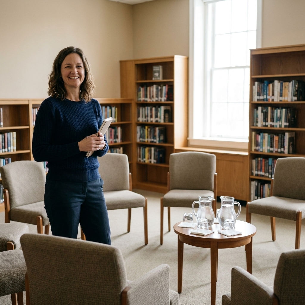 A quiet public library meeting room set with chairs in a circle and a small table with water pitchers, ready for a community dialogue