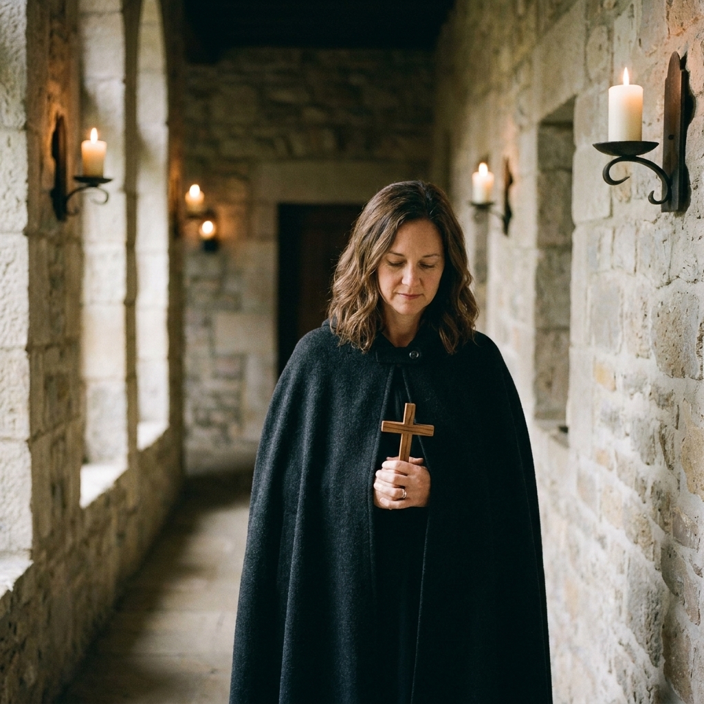 A quiet stone monastery corridor lit by soft candlelight, evoking a contemplative atmosphere associated with chant